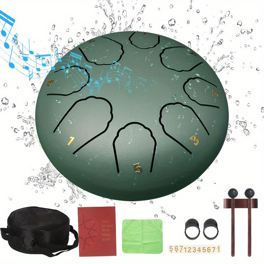 Relaxing 6-inch 8-tone steel tongue rain drum, 11 notes - perfect for garden, yoga and meditation | Includes handbag, mallet and music book | Green/navy blue/black durable alloy structure, steel tongue drum, rain drum, music,