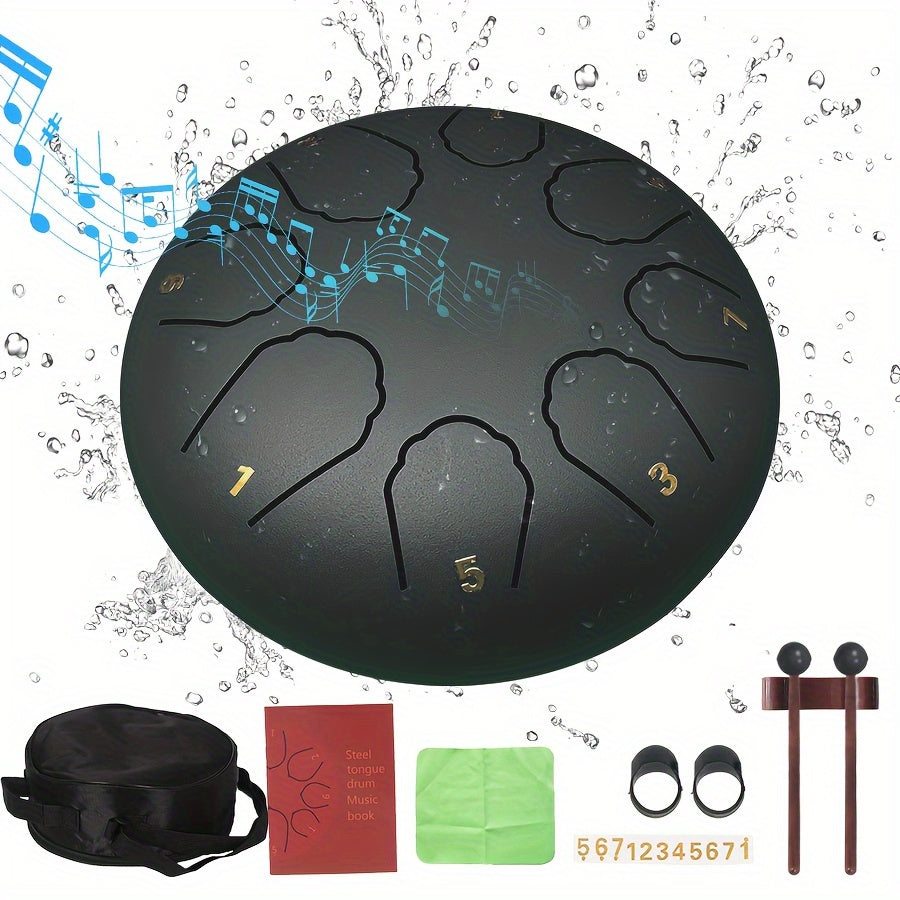 Relaxing 6-inch 8-tone steel tongue rain drum, 11 notes - perfect for garden, yoga and meditation | Includes handbag, mallet and music book | Green/navy blue/black durable alloy structure, steel tongue drum, rain drum, music,