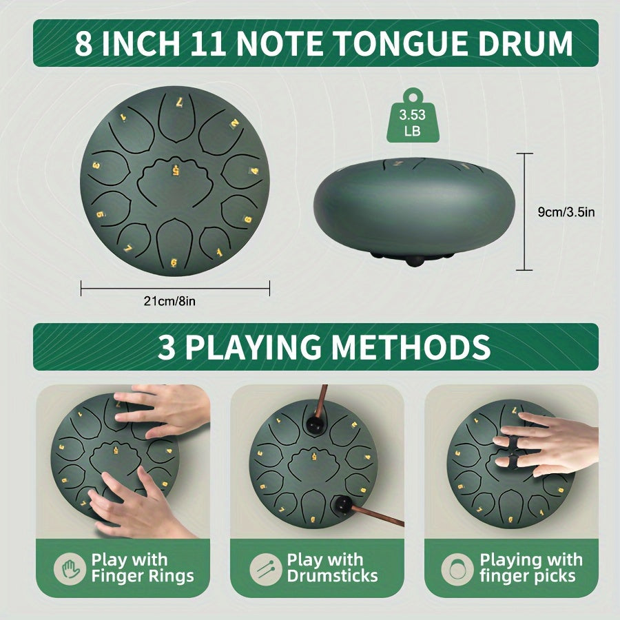 Relaxing 6-inch 8-tone steel tongue rain drum, 11 notes - perfect for garden, yoga and meditation | Includes handbag, mallet and music book | Green/navy blue/black durable alloy structure, steel tongue drum, rain drum, music,