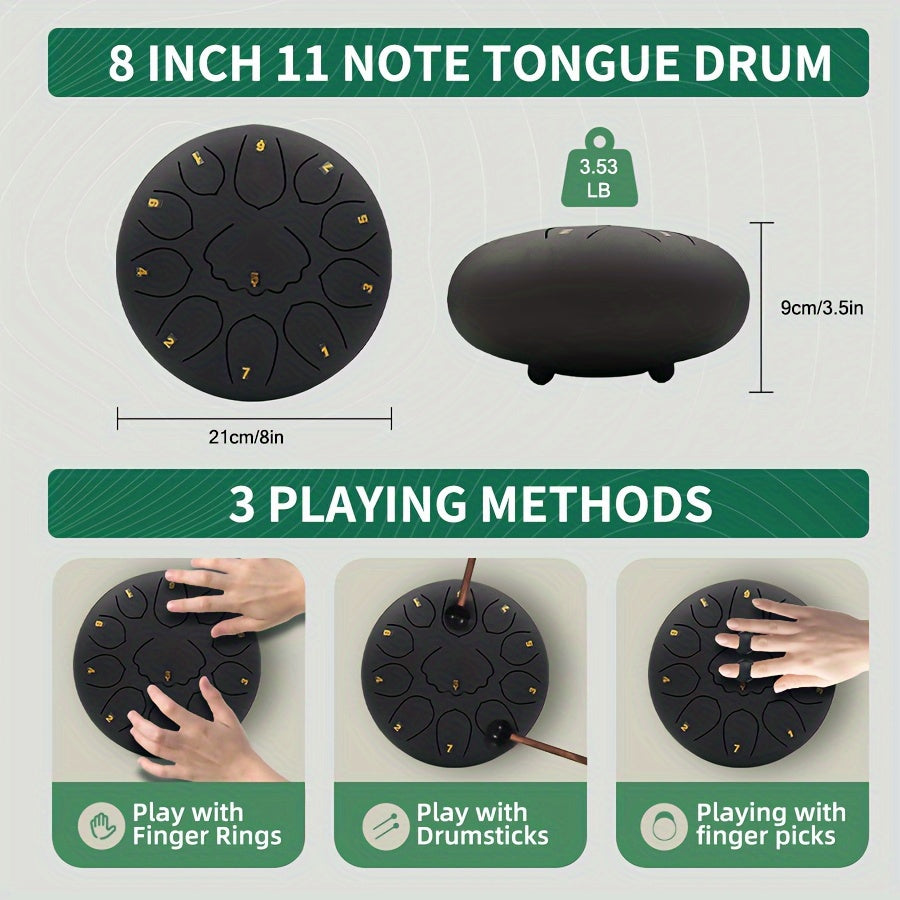 Relaxing 6-inch 8-tone steel tongue rain drum, 11 notes - perfect for garden, yoga and meditation | Includes handbag, mallet and music book | Green/navy blue/black durable alloy structure, steel tongue drum, rain drum, music,