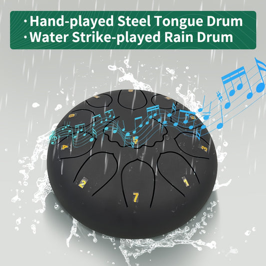 Relaxing 6-inch 8-tone steel tongue rain drum, 11 notes - perfect for garden, yoga and meditation | Includes handbag, mallet and music book | Green/navy blue/black durable alloy structure, steel tongue drum, rain drum, music,