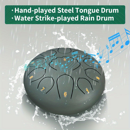 Relaxing 6-inch 8-tone steel tongue rain drum, 11 notes - perfect for garden, yoga and meditation | Includes handbag, mallet and music book | Green/navy blue/black durable alloy structure, steel tongue drum, rain drum, music,