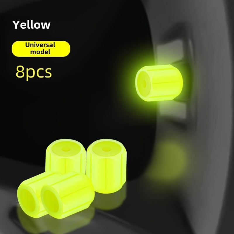 Luminous Tire Valve Stem Caps - 8pcs Universal Glow-in-the-Dark Wheel Valve Covers for Bikes Motorcycles Cars - Durable Dust-Proof Leak-Proof Plastic Construction with Enhanced Visibility and Safety