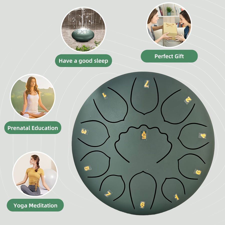 Relaxing 6-inch 8-tone steel tongue rain drum, 11 notes - perfect for garden, yoga and meditation | Includes handbag, mallet and music book | Green/navy blue/black durable alloy structure, steel tongue drum, rain drum, music,