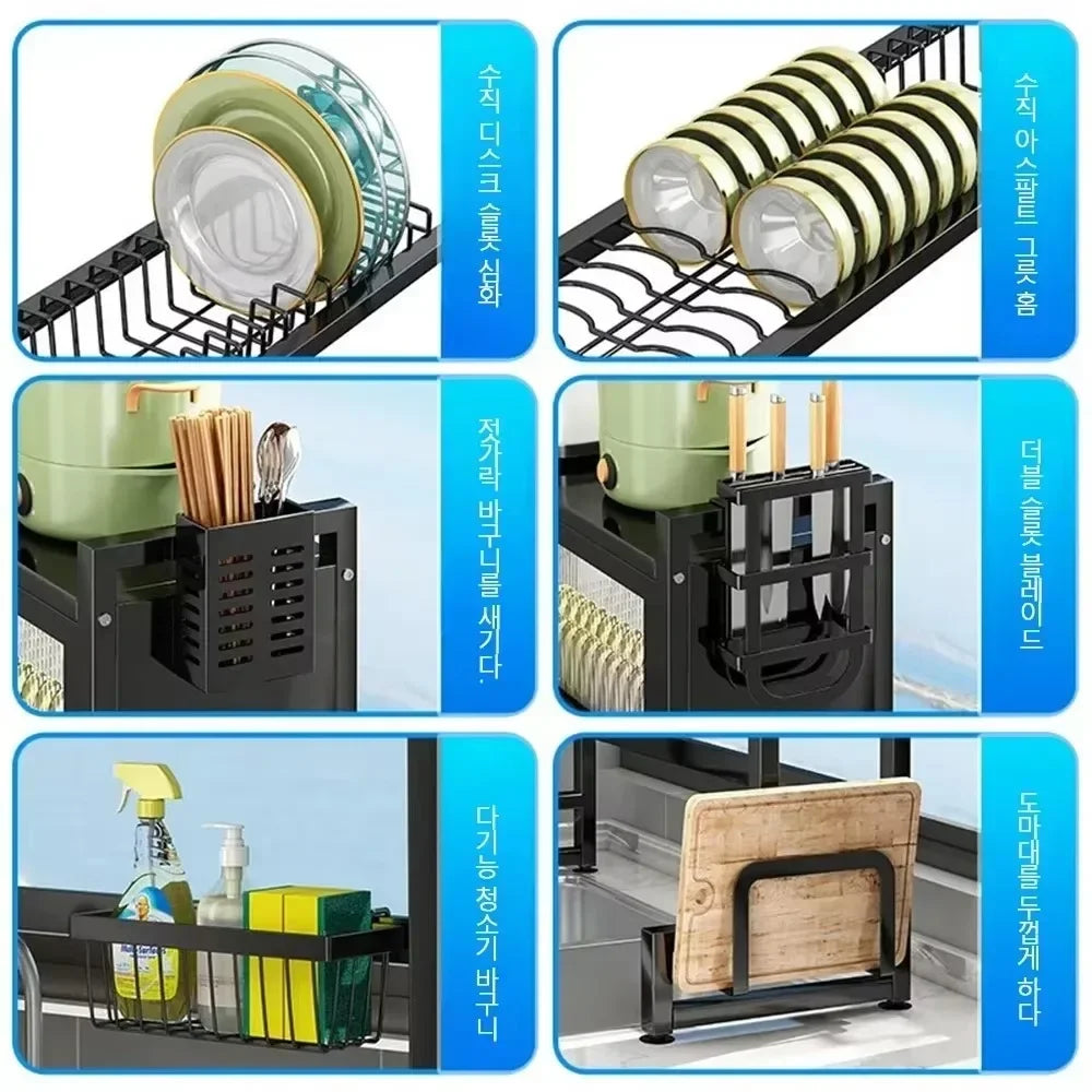 Sink Dish Cabinet Scalable Adjustment Stainless Steel Drain Rack Tabletop Bowl and Plate Organizer Household Kitchen Accessories