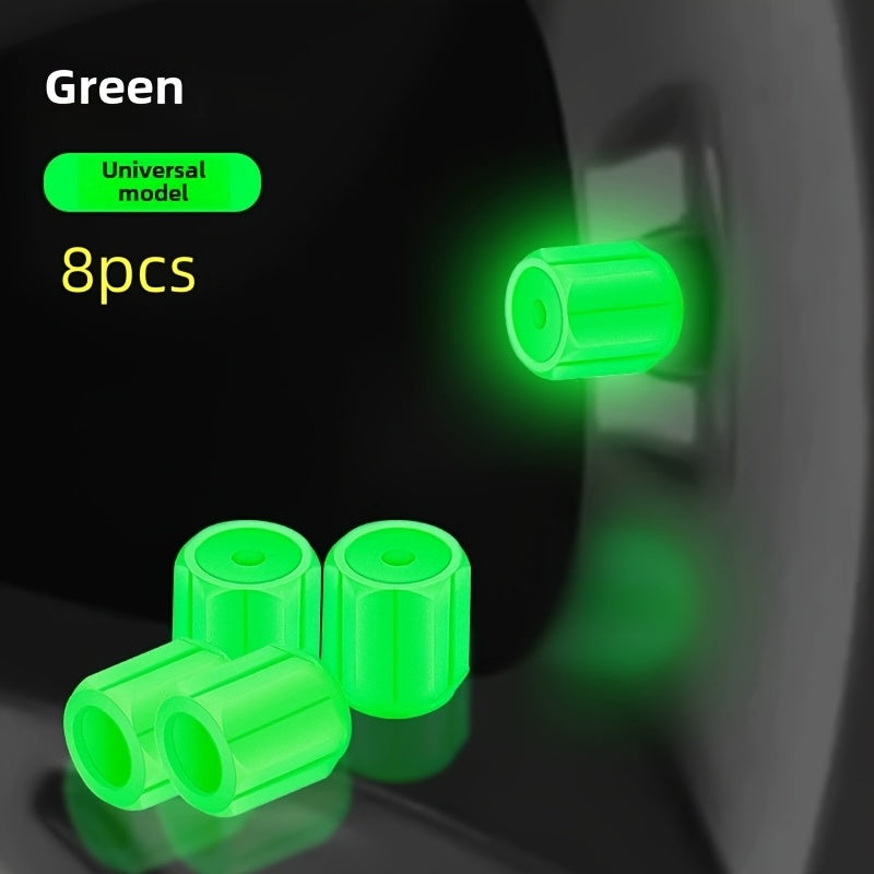 Luminous Tire Valve Stem Caps - 8pcs Universal Glow-in-the-Dark Wheel Valve Covers for Bikes Motorcycles Cars - Durable Dust-Proof Leak-Proof Plastic Construction with Enhanced Visibility and Safety