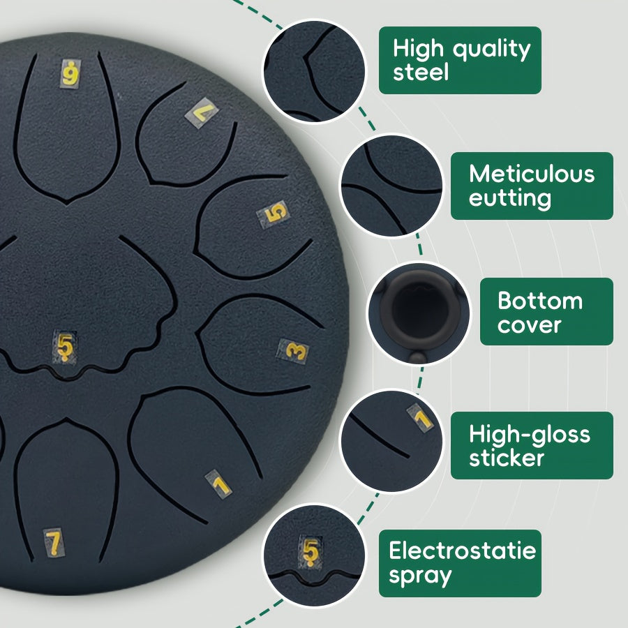 Relaxing 6-inch 8-tone steel tongue rain drum, 11 notes - perfect for garden, yoga and meditation | Includes handbag, mallet and music book | Green/navy blue/black durable alloy structure, steel tongue drum, rain drum, music,