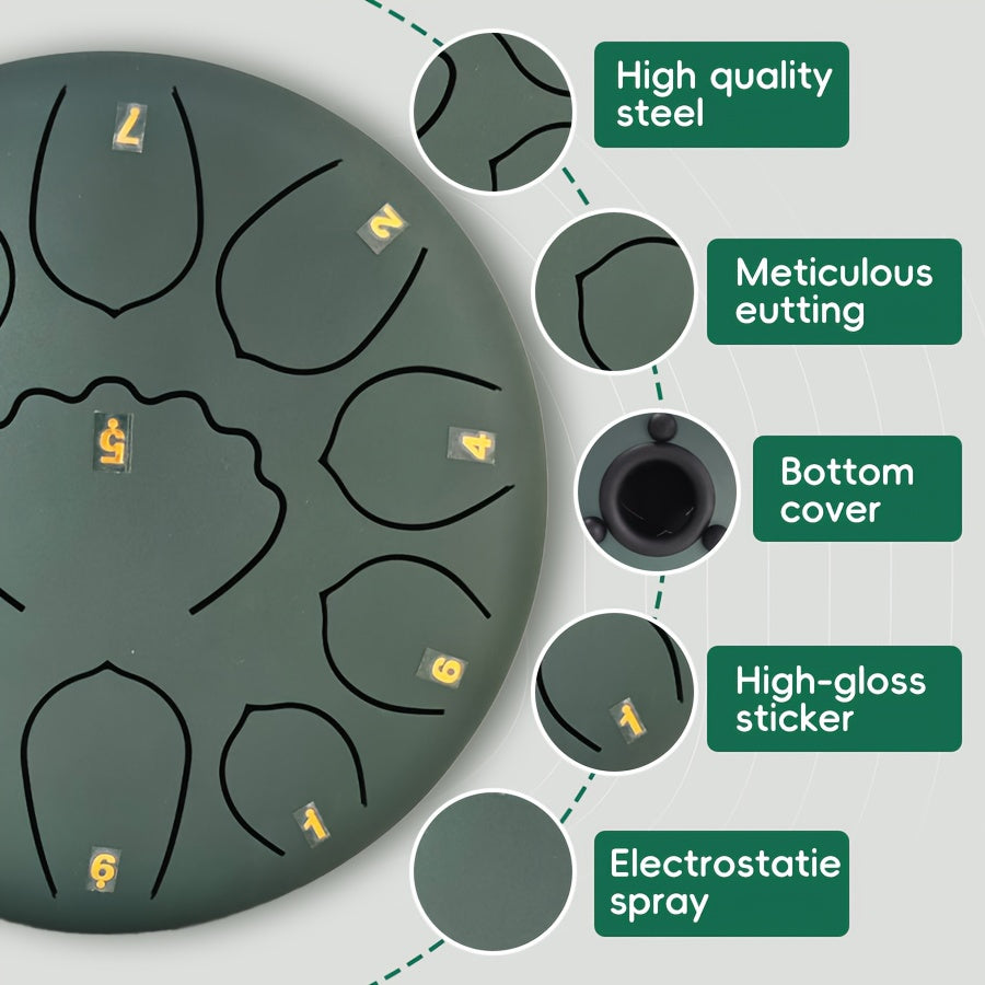 Relaxing 6-inch 8-tone steel tongue rain drum, 11 notes - perfect for garden, yoga and meditation | Includes handbag, mallet and music book | Green/navy blue/black durable alloy structure, steel tongue drum, rain drum, music,