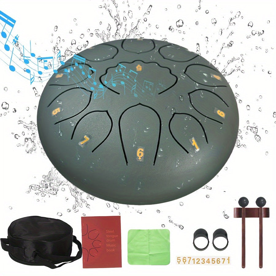 Relaxing 6-inch 8-tone steel tongue rain drum, 11 notes - perfect for garden, yoga and meditation | Includes handbag, mallet and music book | Green/navy blue/black durable alloy structure, steel tongue drum, rain drum, music,
