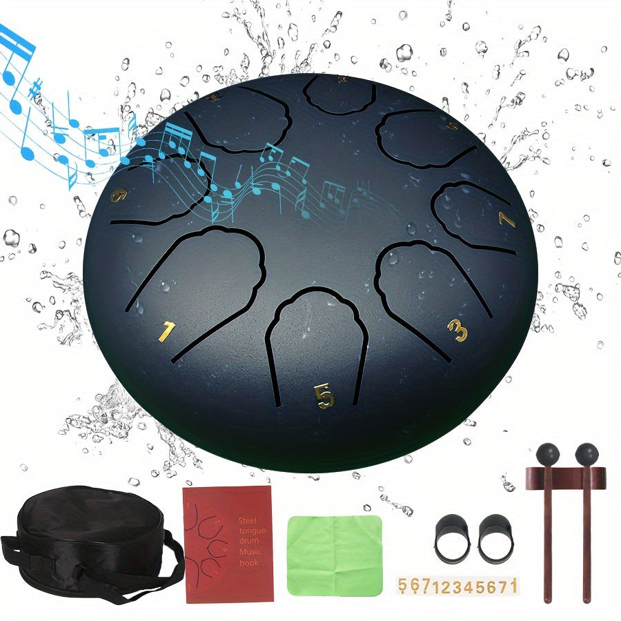Relaxing 6-inch 8-tone steel tongue rain drum, 11 notes - perfect for garden, yoga and meditation | Includes handbag, mallet and music book | Green/navy blue/black durable alloy structure, steel tongue drum, rain drum, music,